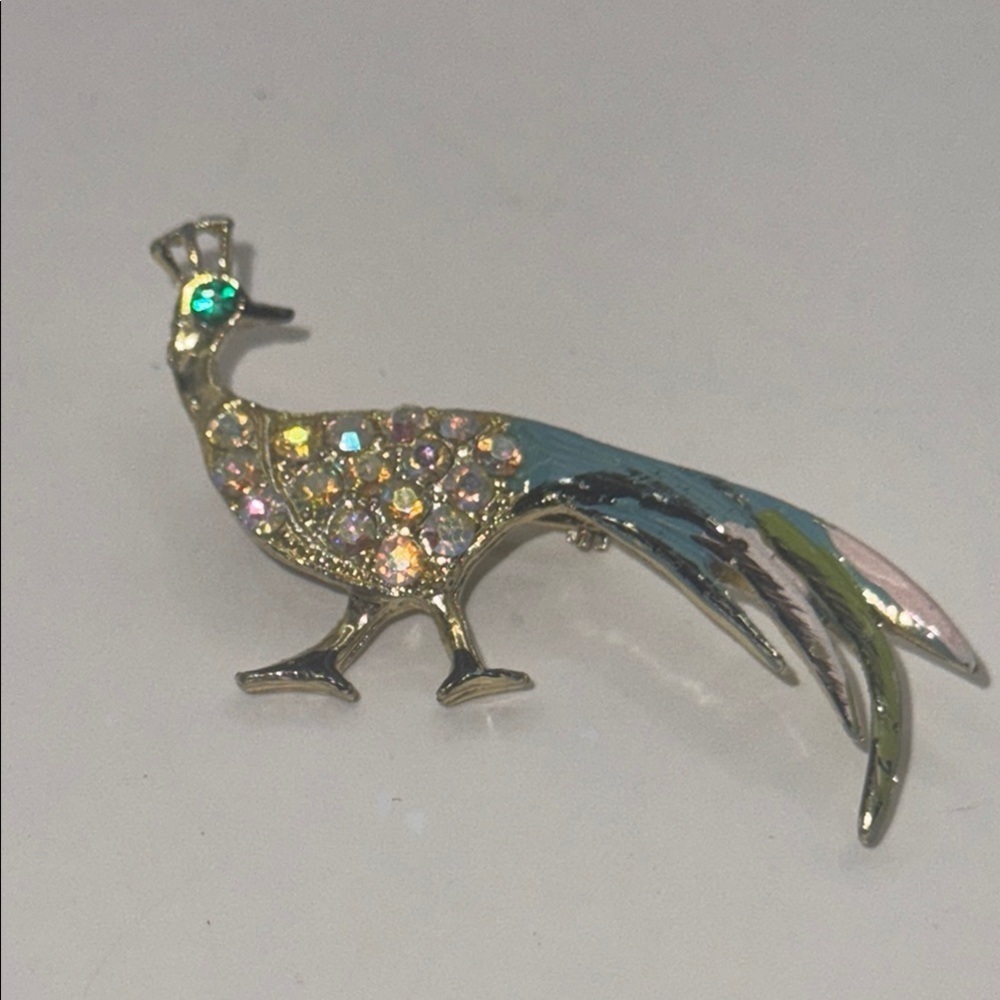 Vintage hand painted Aurora borealis embellished Peacock Brooch